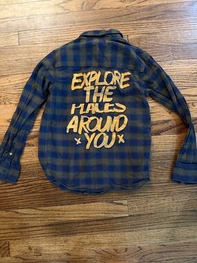 Kids Plaid Button-Down Shirt with Graphic Back - Navy & Olive